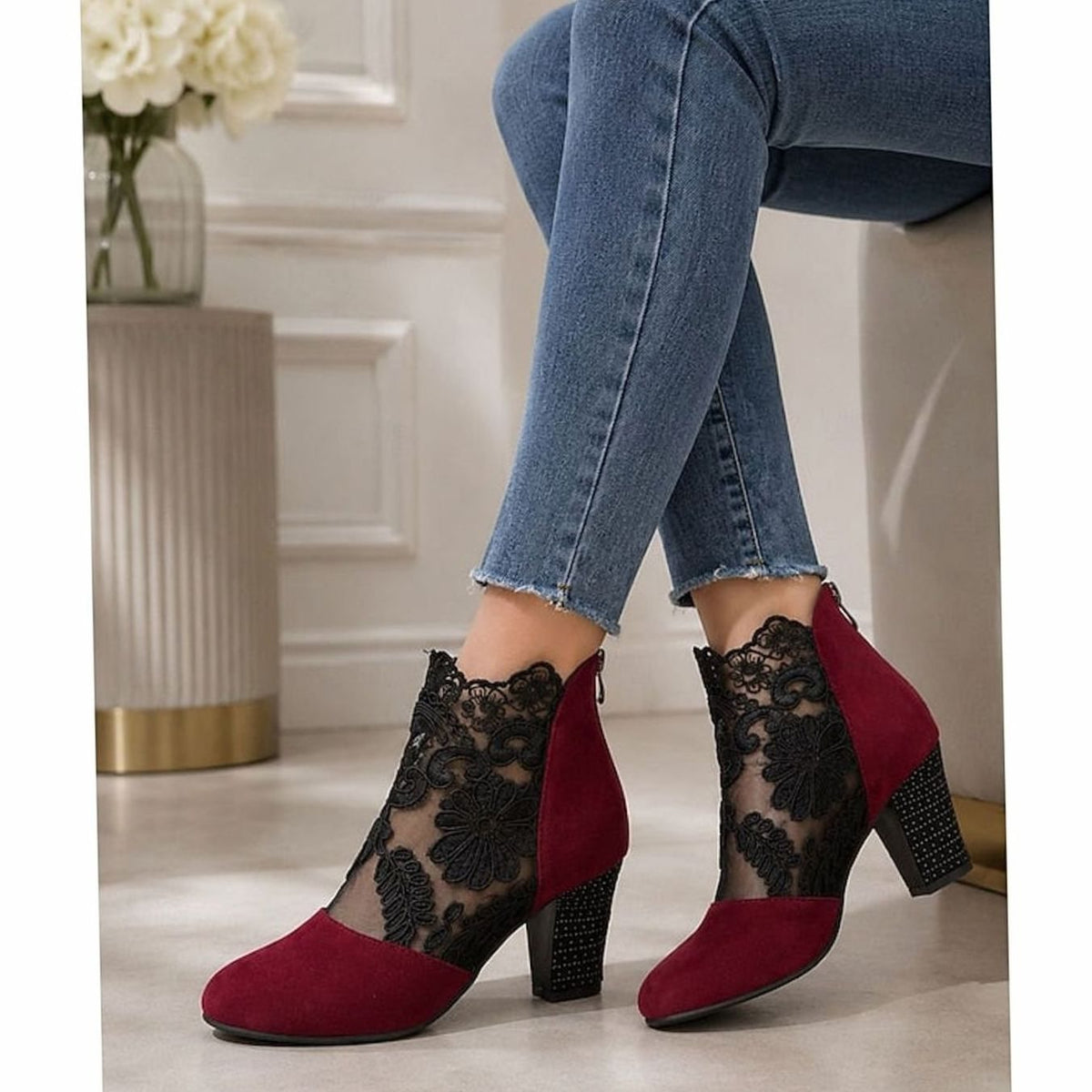 Beth | Women's Lace-Trim Block Heel Ankle Boots