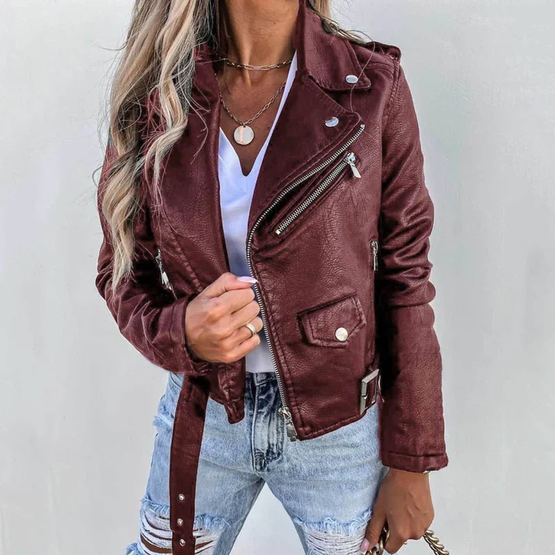 Grace | Women's Leather Jacket with Stand Collar & Waist Belt
