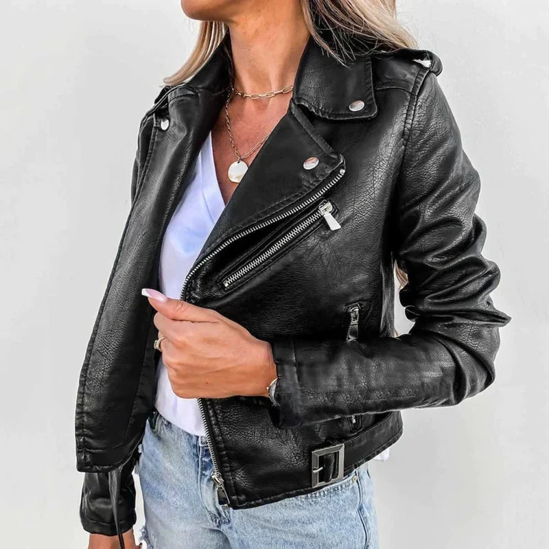 Grace | Women's Leather Jacket with Stand Collar & Waist Belt