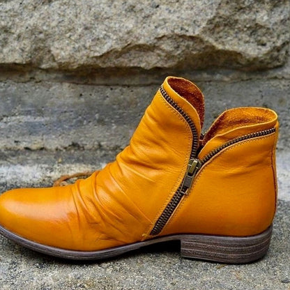 Darcy | Women's Leather Ruched Ankle Boots with Side Zipper