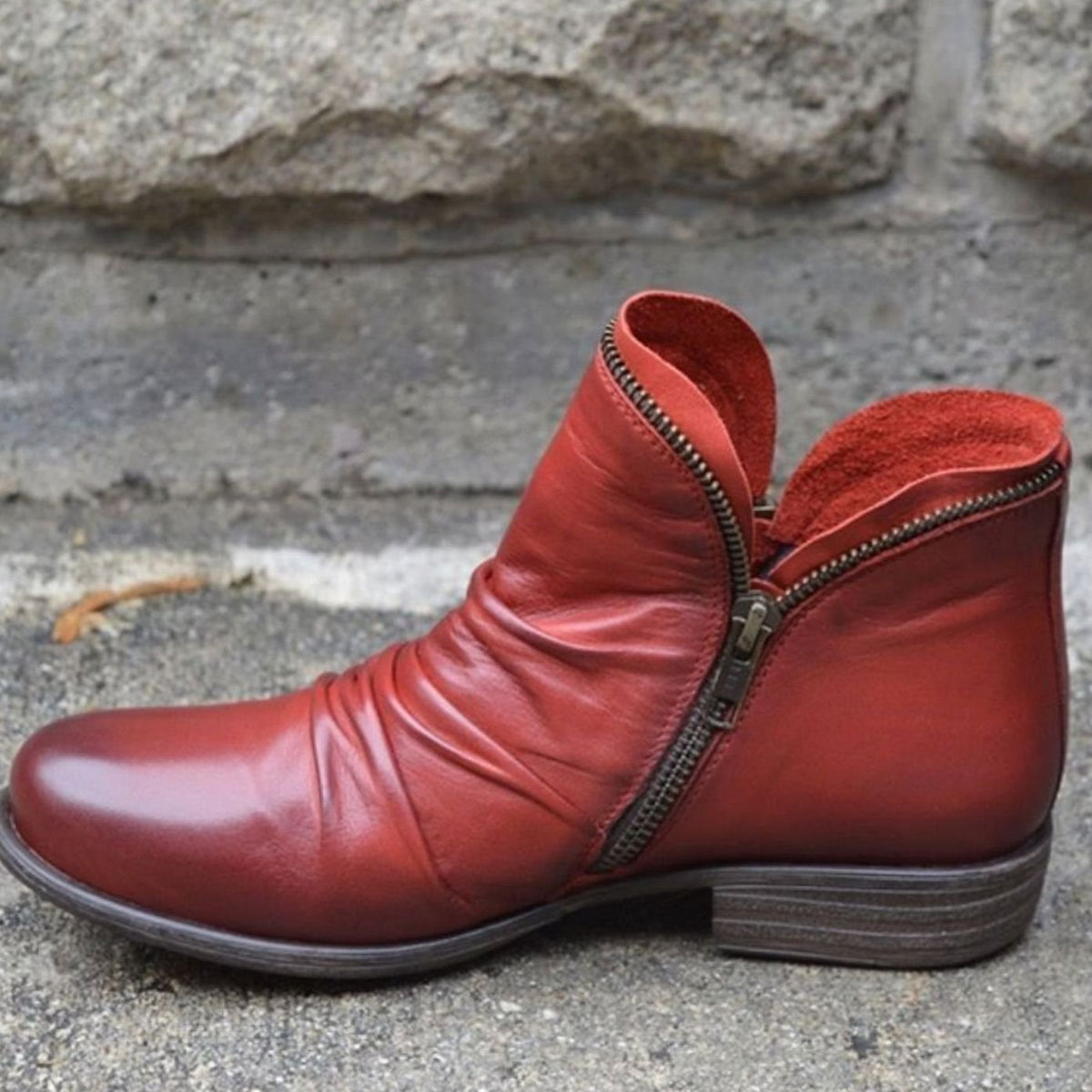 Darcy | Women's Leather Ruched Ankle Boots with Side Zipper