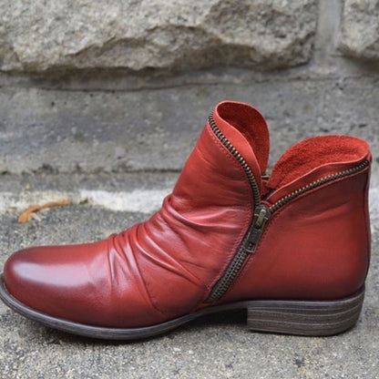 Darcy | Women's Leather Ruched Ankle Boots with Side Zipper