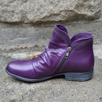 Darcy | Women's Leather Ruched Ankle Boots with Side Zipper