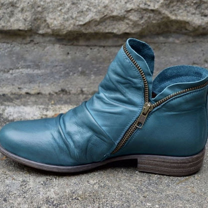Darcy | Women's Leather Ruched Ankle Boots with Side Zipper