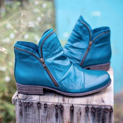 Darcy | Women's Leather Ruched Ankle Boots with Side Zipper