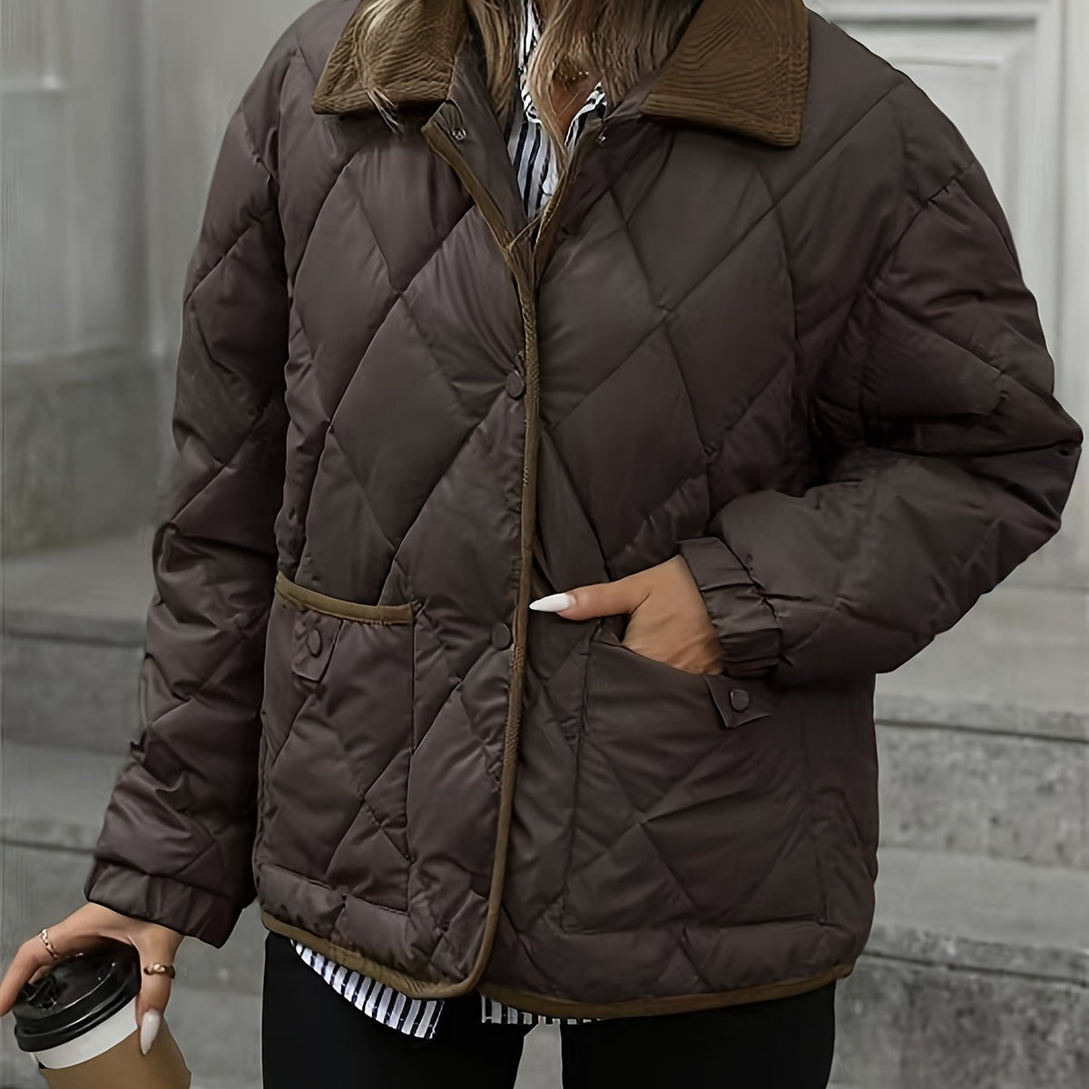Women's Lightweight Padded Diamond-Quilted Winter Jacket – Coffee Brown or Off-White