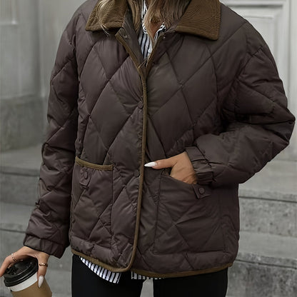 Women's Lightweight Padded Diamond-Quilted Winter Jacket – Coffee Brown or Off-White