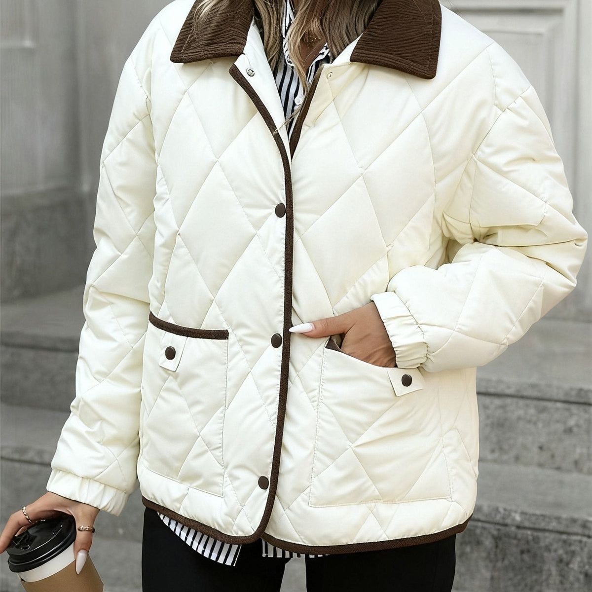 Women's Lightweight Padded Diamond-Quilted Winter Jacket – Coffee Brown or Off-White