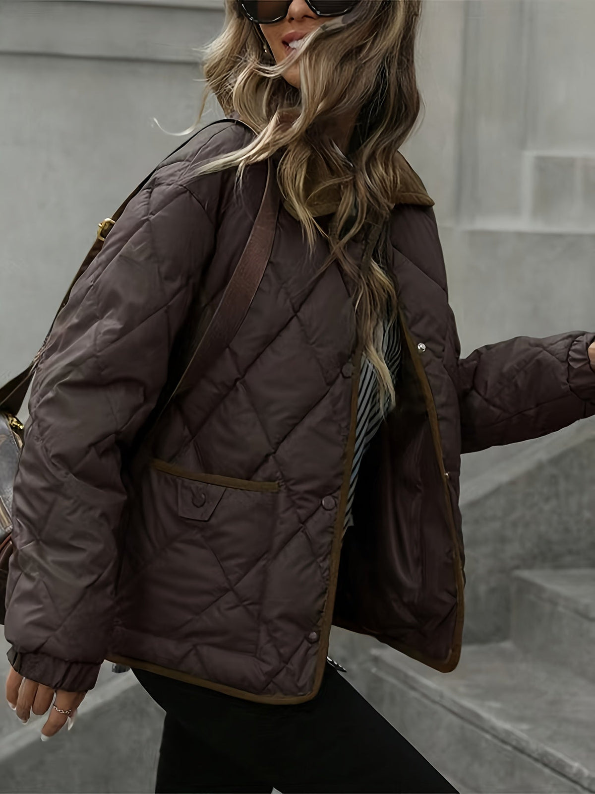 Women's Lightweight Padded Diamond-Quilted Winter Jacket – Coffee Brown or Off-White