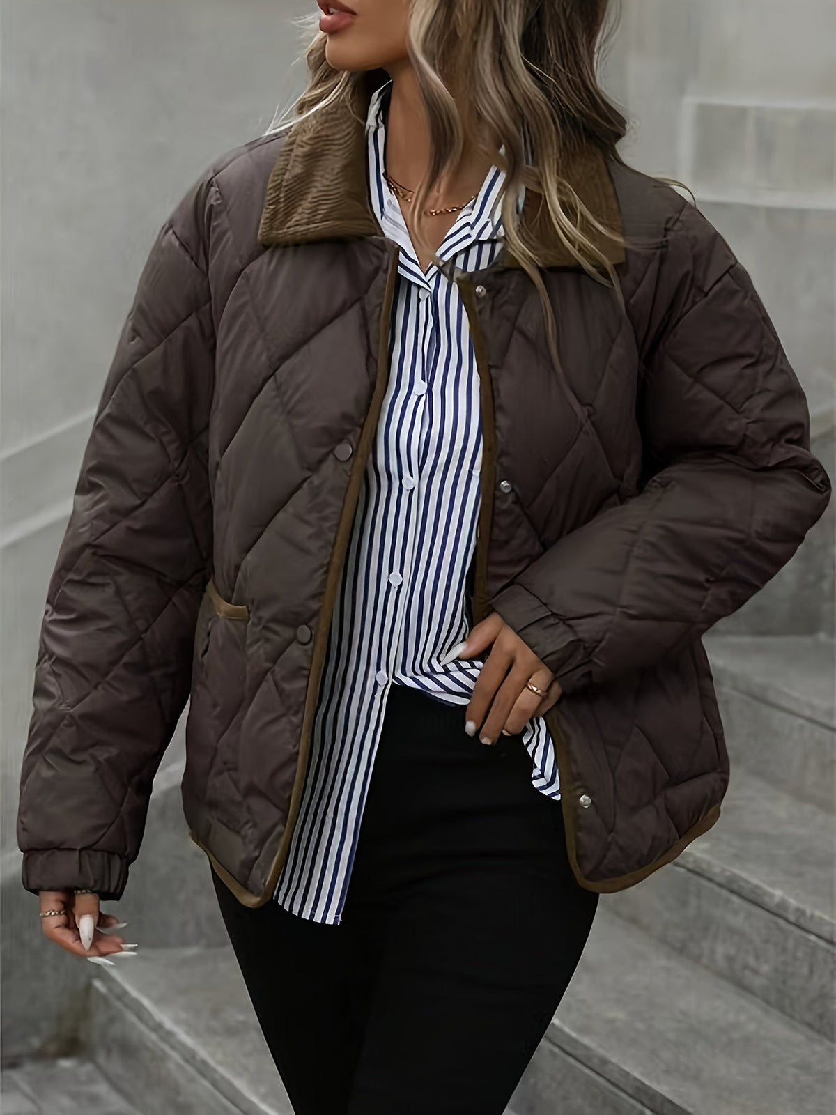 Women's Lightweight Padded Diamond-Quilted Winter Jacket – Coffee Brown or Off-White