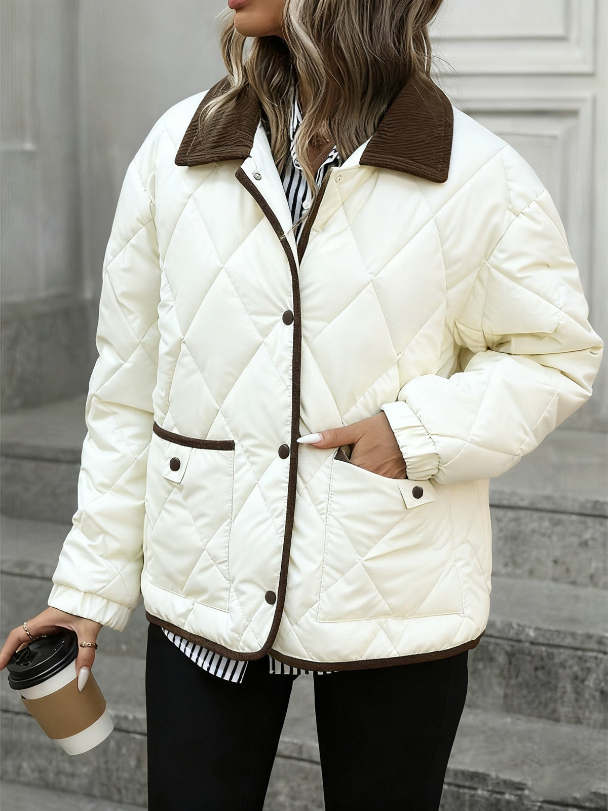 Women's Lightweight Padded Diamond-Quilted Winter Jacket – Coffee Brown or Off-White