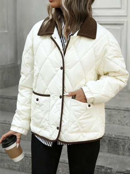 Women's Lightweight Padded Diamond-Quilted Winter Jacket – Coffee Brown or Off-White