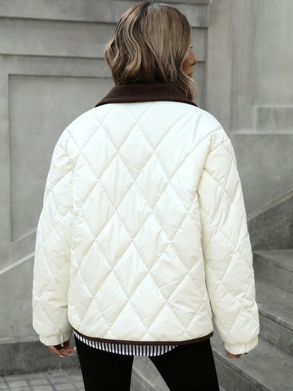 Women's Lightweight Padded Diamond-Quilted Winter Jacket – Coffee Brown or Off-White