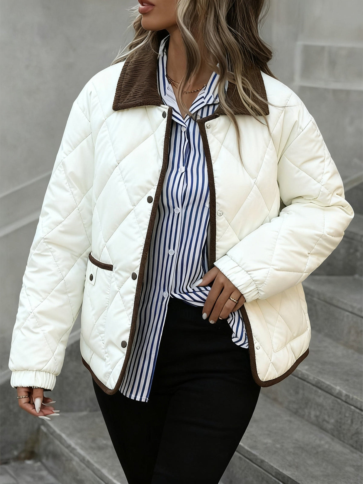 Women's Lightweight Padded Diamond-Quilted Winter Jacket – Coffee Brown or Off-White