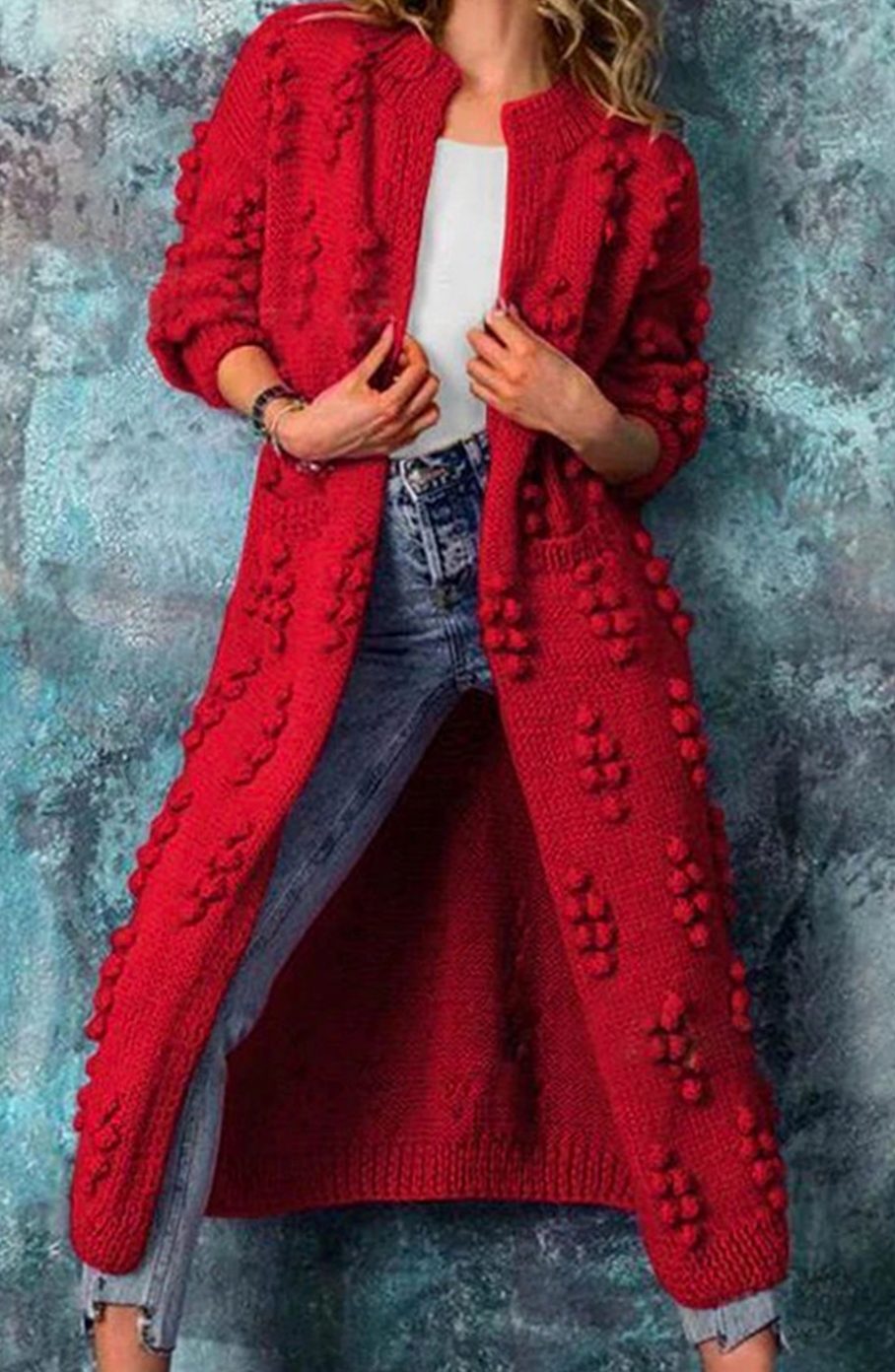Tilly | Women's Cosy Open-Front Textured Pom-Pom Cardigan for Winter