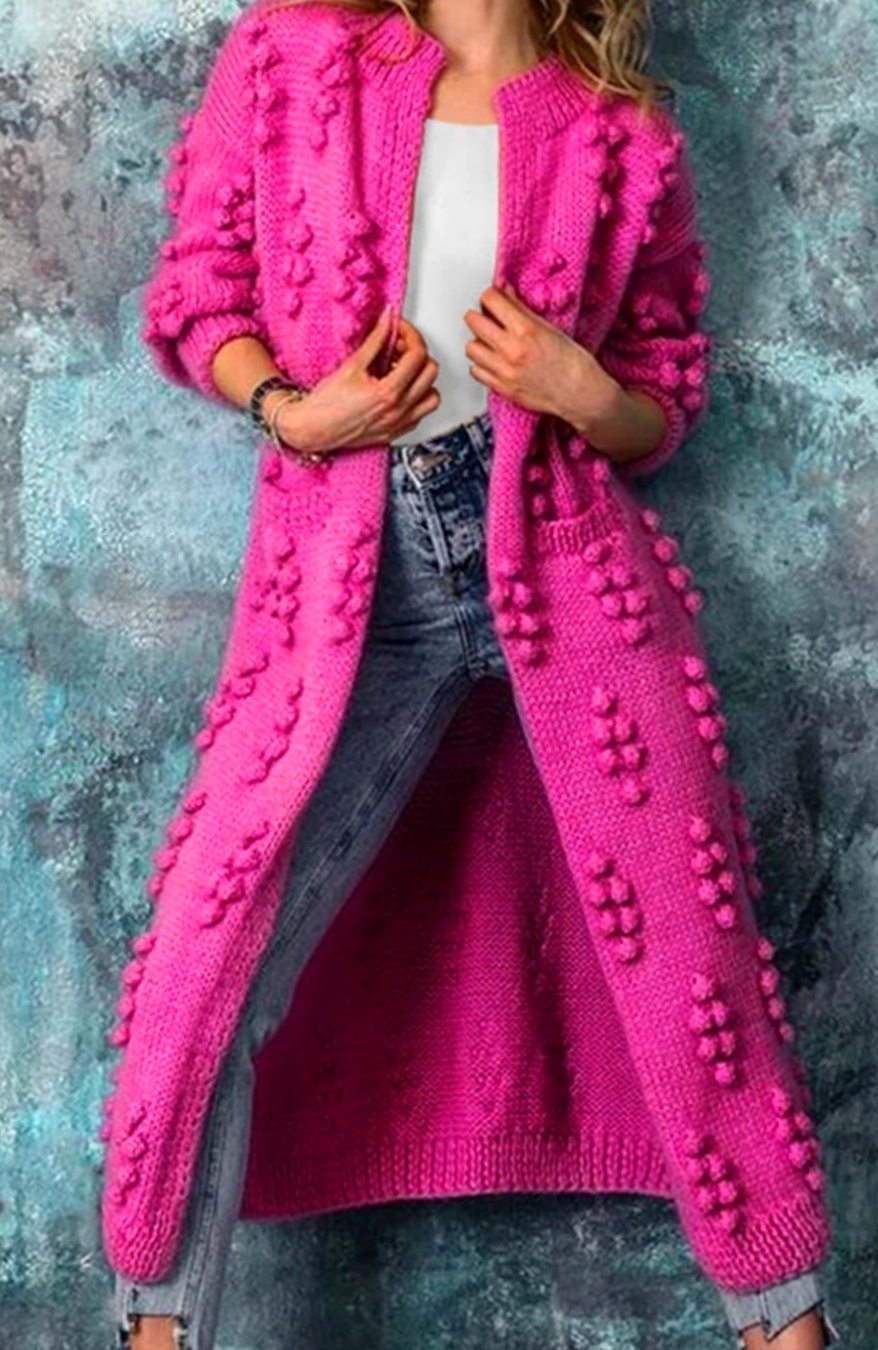 Tilly | Women's Cosy Open-Front Textured Pom-Pom Cardigan for Winter