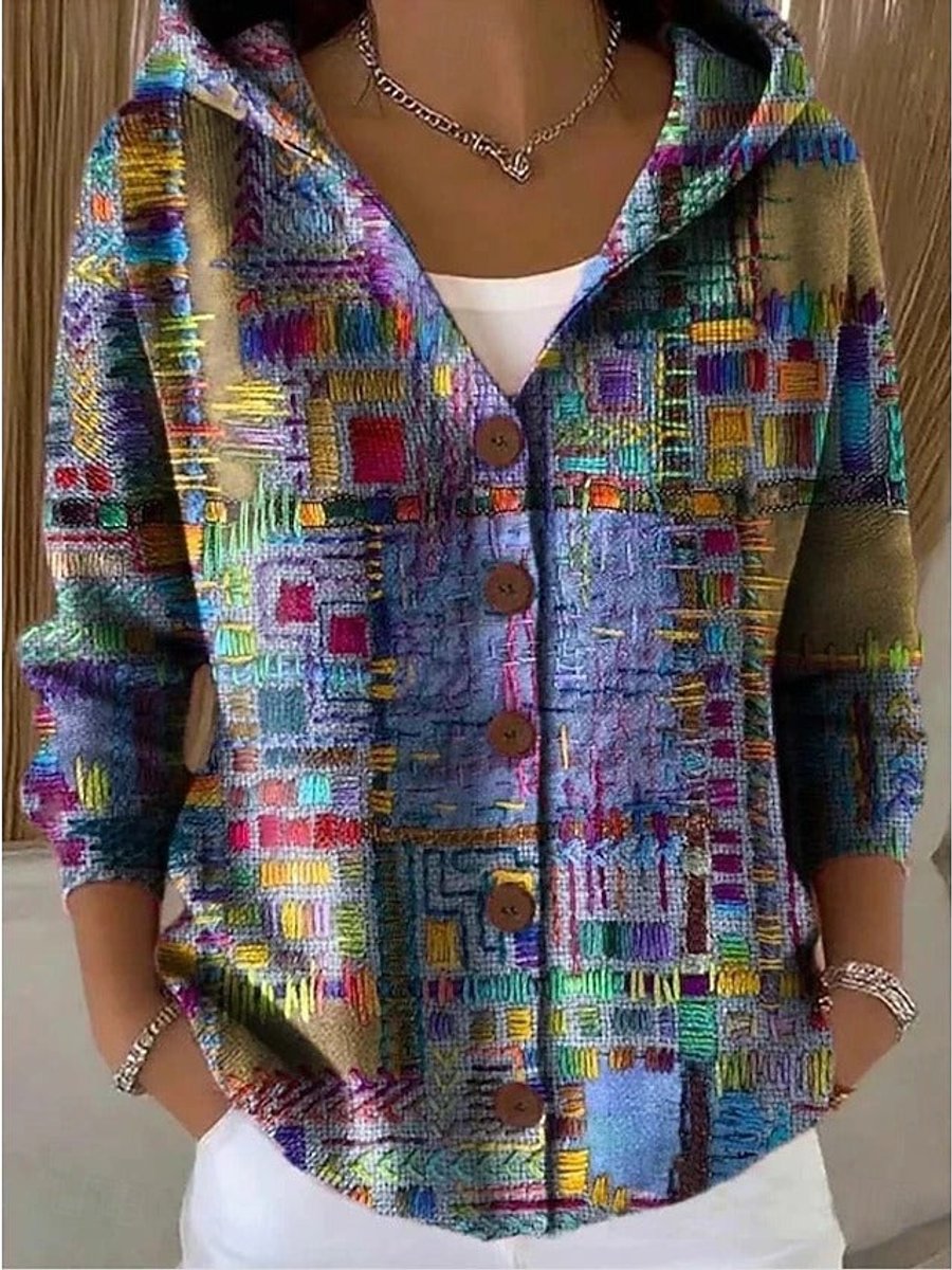 Sadie | Women's Multicolor Patchwork Hooded Button-Front Cardigan for Winter