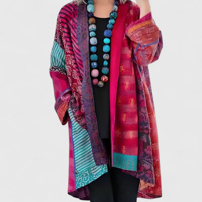 Willow | Women's Stylish Open-Front Patchwork Print Longline Cardigan for Winter
