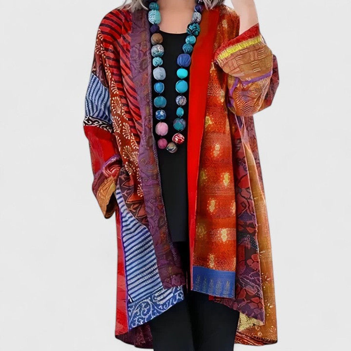 Willow | Women's Stylish Open-Front Patchwork Print Longline Cardigan for Winter