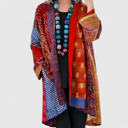 Willow | Women's Stylish Open-Front Patchwork Print Longline Cardigan for Winter