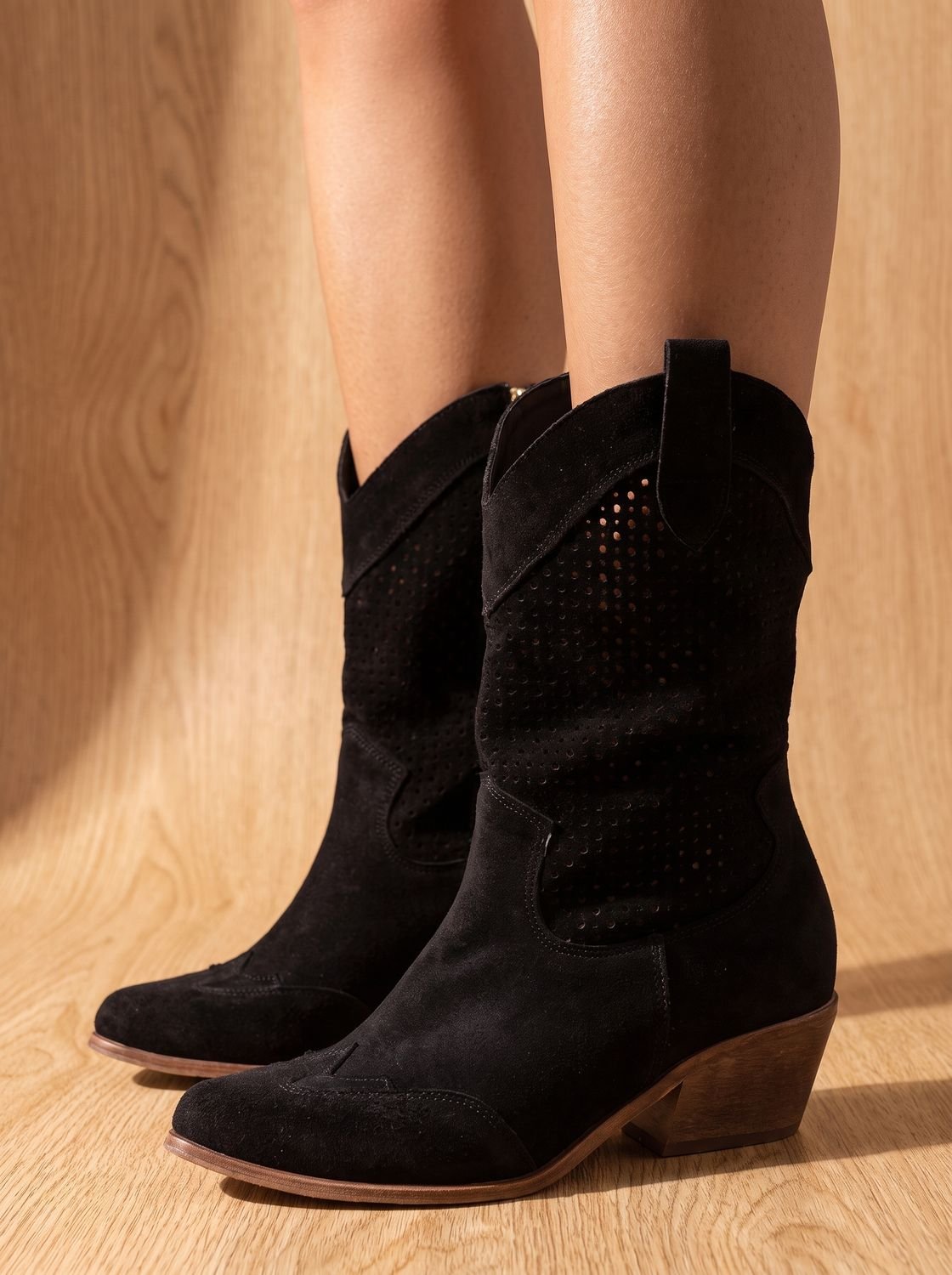 Verity | Women's Orthopedic Western Mid-Calf Perforated Suede Block-Heel Boots