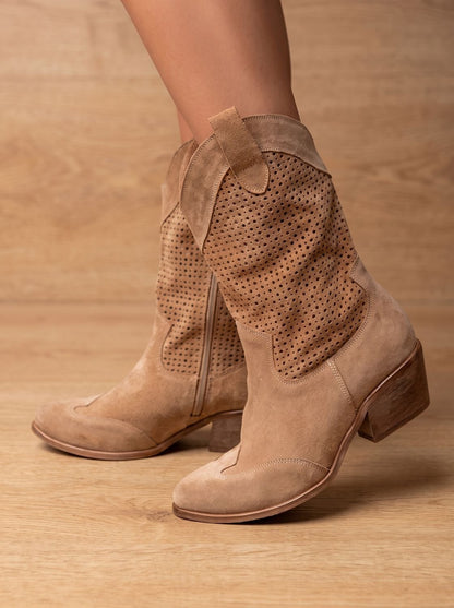 Verity | Women's Orthopedic Western Mid-Calf Perforated Suede Block-Heel Boots