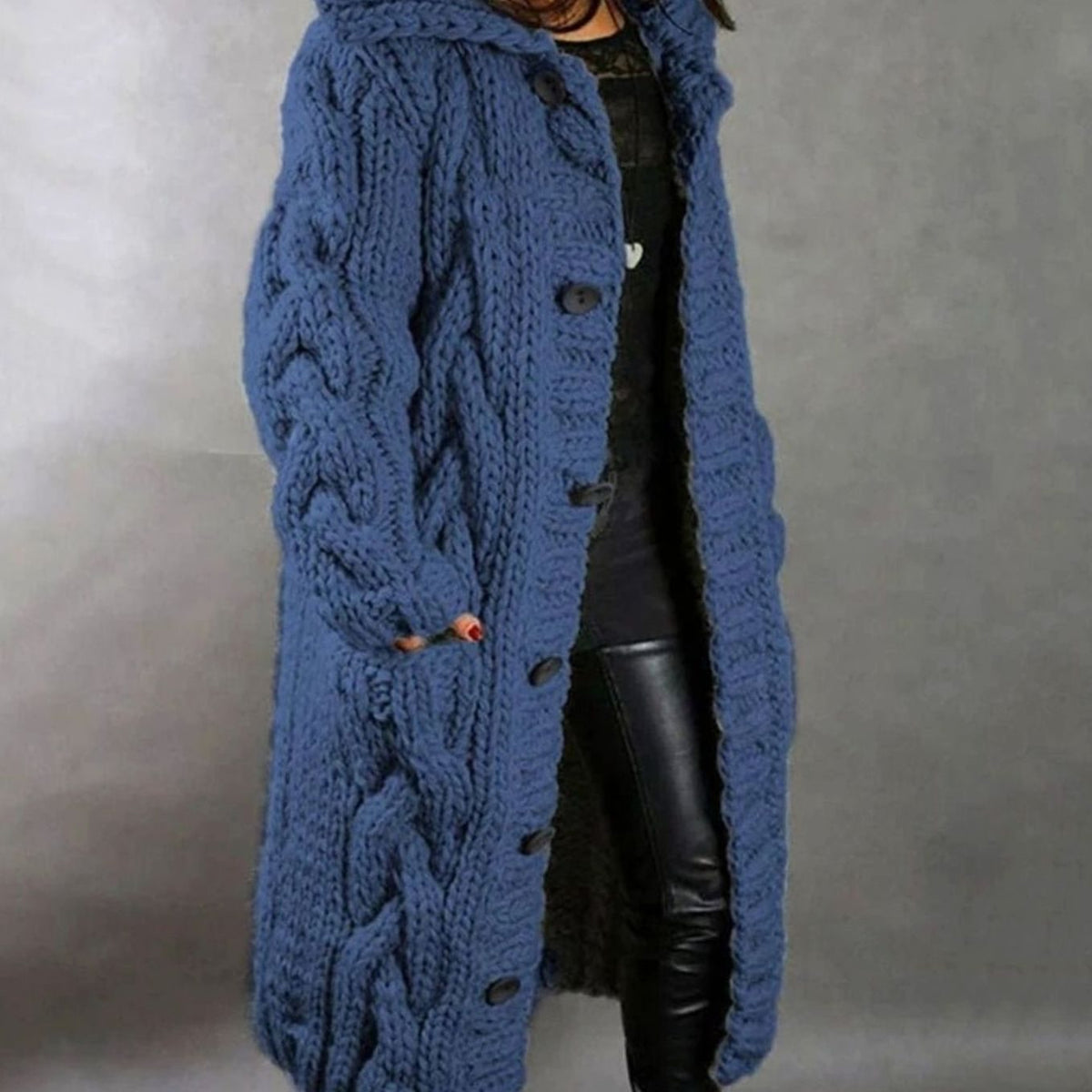 Imogen | Women's Cosy Oversized Cable-Knit Hooded Button-Front Long Cardigan Coat for Winter