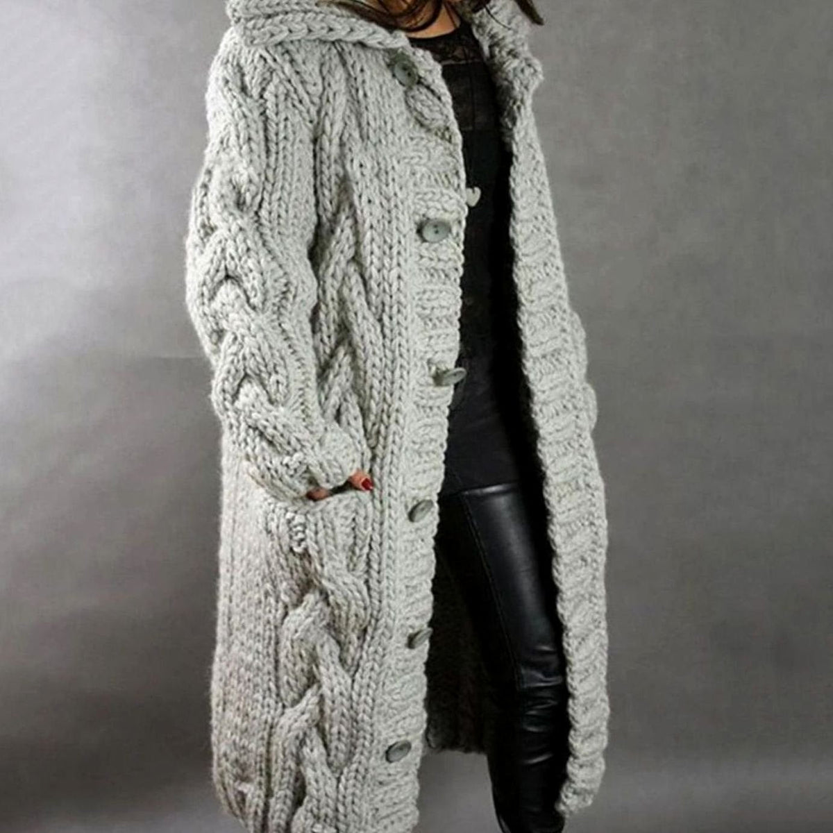 Imogen | Women's Cosy Oversized Cable-Knit Hooded Button-Front Long Cardigan Coat for Winter