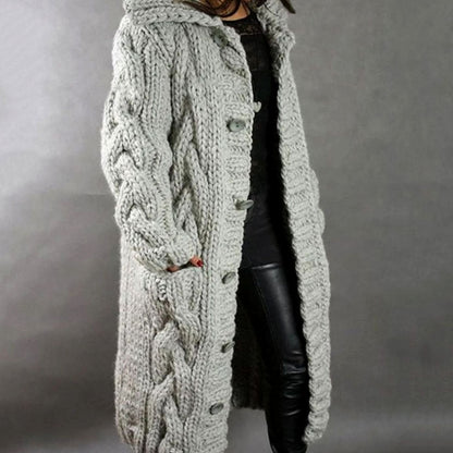 Imogen | Women's Cosy Oversized Cable-Knit Hooded Button-Front Long Cardigan Coat for Winter