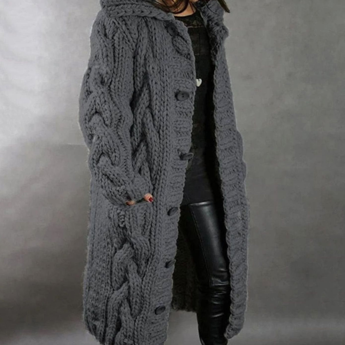 Imogen | Women's Cosy Oversized Cable-Knit Hooded Button-Front Long Cardigan Coat for Winter