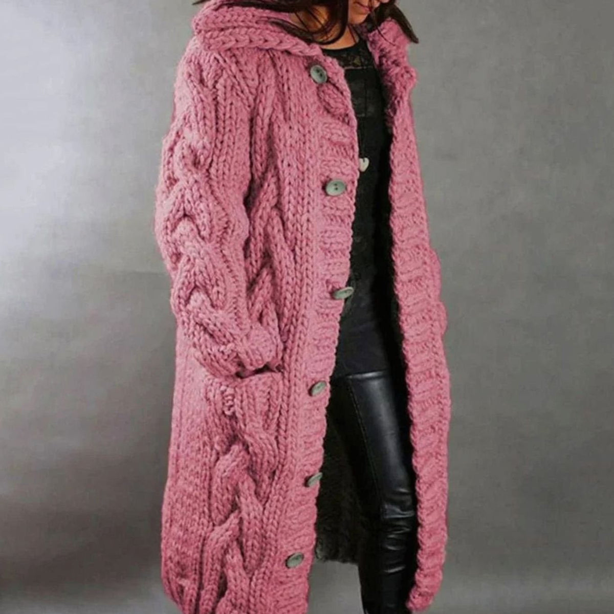 Imogen | Women's Cosy Oversized Cable-Knit Hooded Button-Front Long Cardigan Coat for Winter