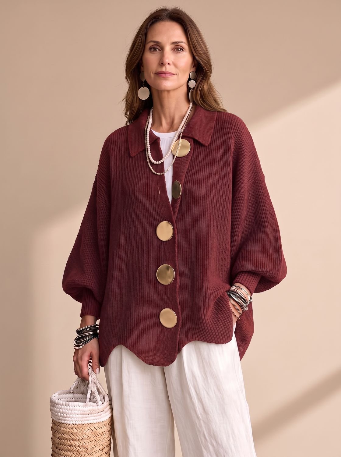 Sienna | Women's Oversized Lantern-Sleeve Knit Cardigan with Gold Buttons