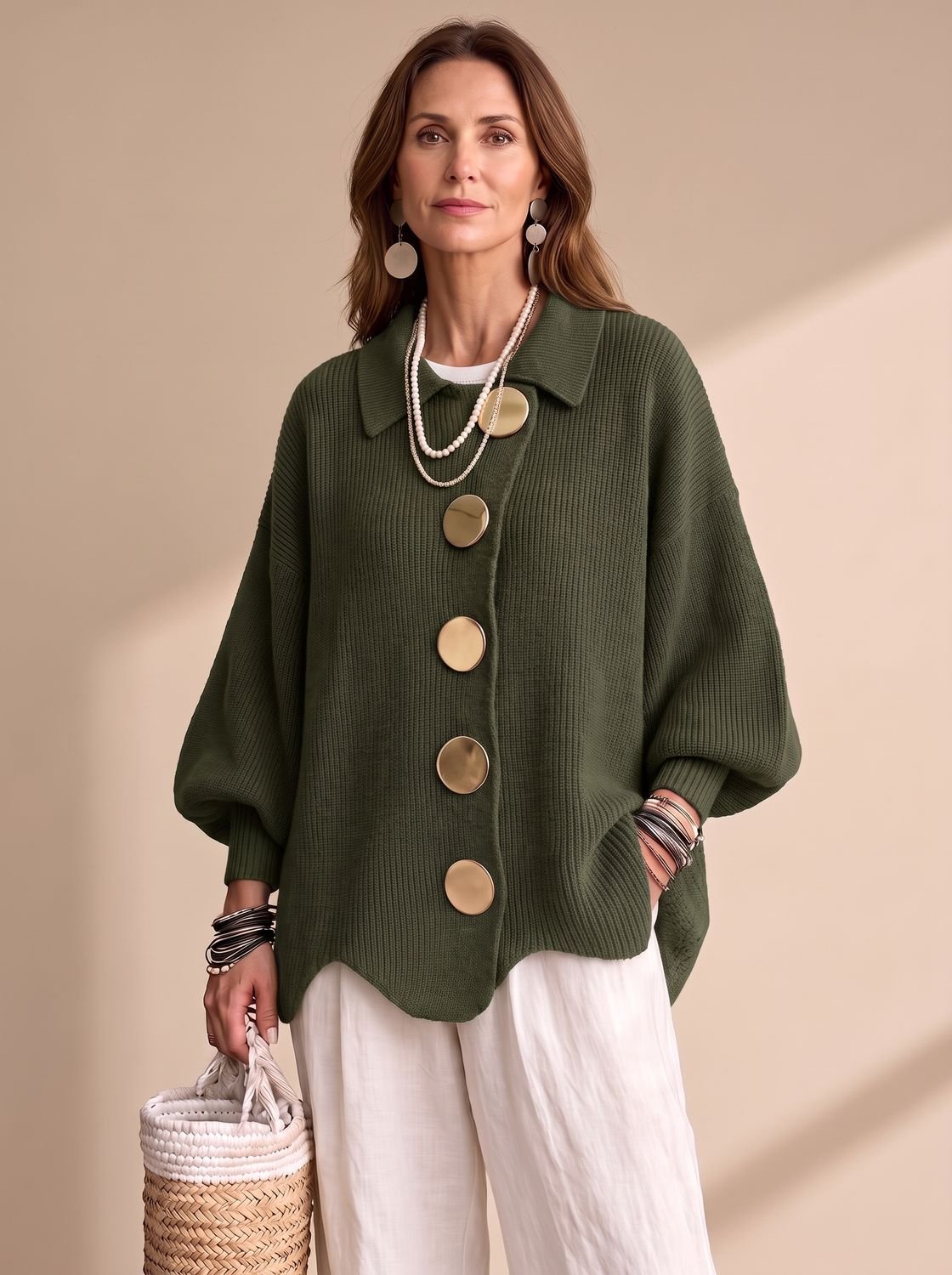 Sienna | Women's Oversized Lantern-Sleeve Knit Cardigan with Gold Buttons