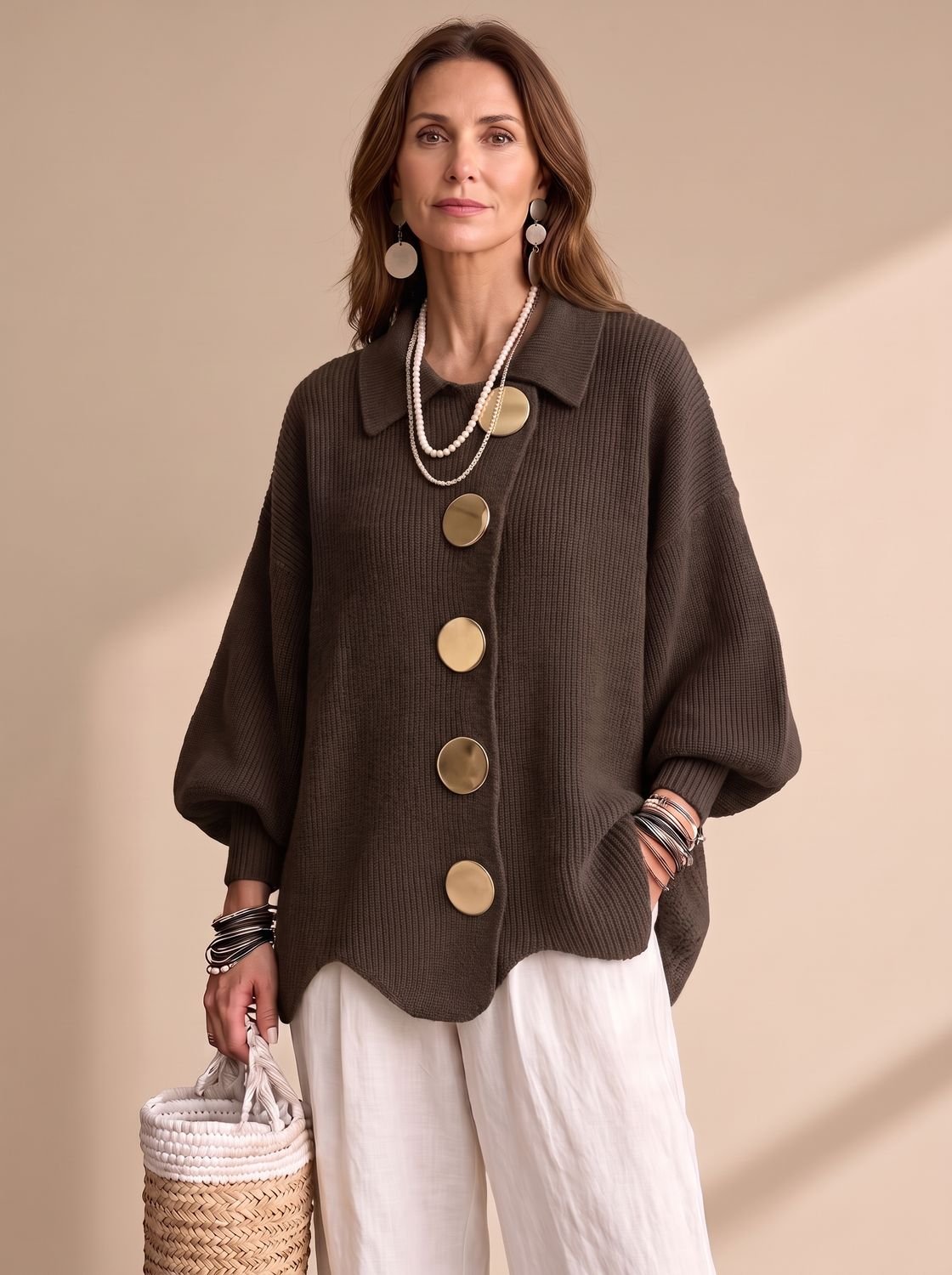 Sienna | Women's Oversized Lantern-Sleeve Knit Cardigan with Gold Buttons