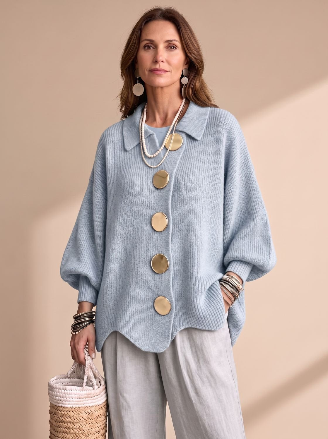 Sienna | Women's Oversized Lantern-Sleeve Knit Cardigan with Gold Buttons