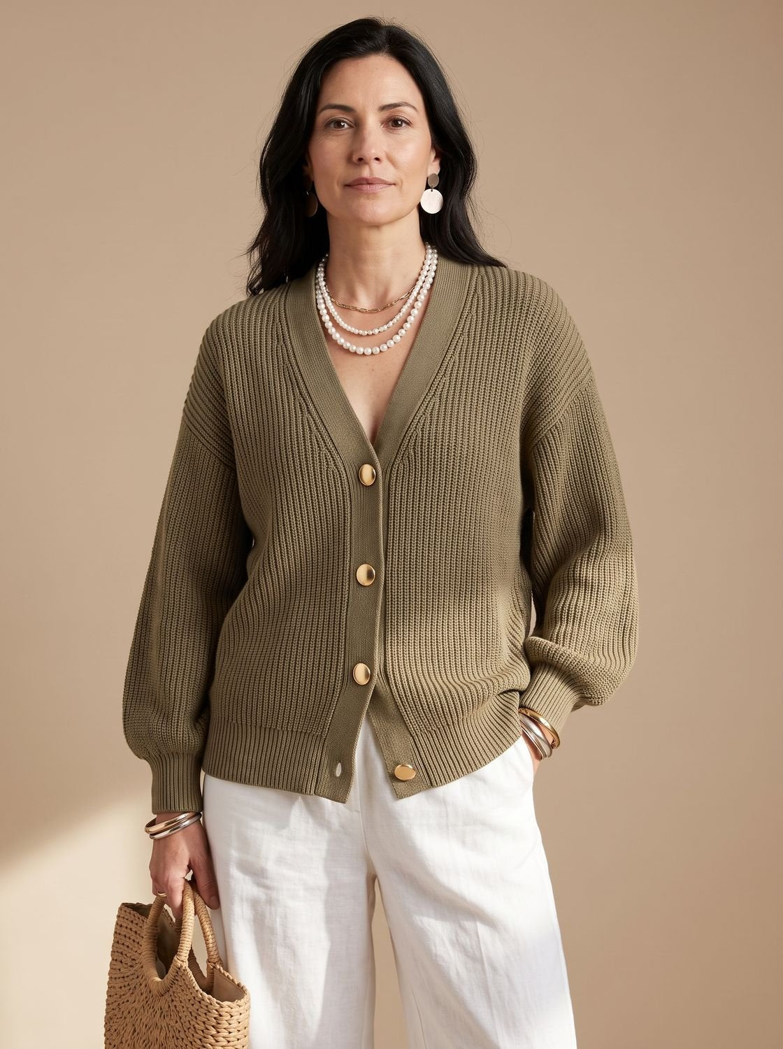 Sienna | Women's Oversized Lantern-Sleeve Knit Cardigan with Gold Buttons