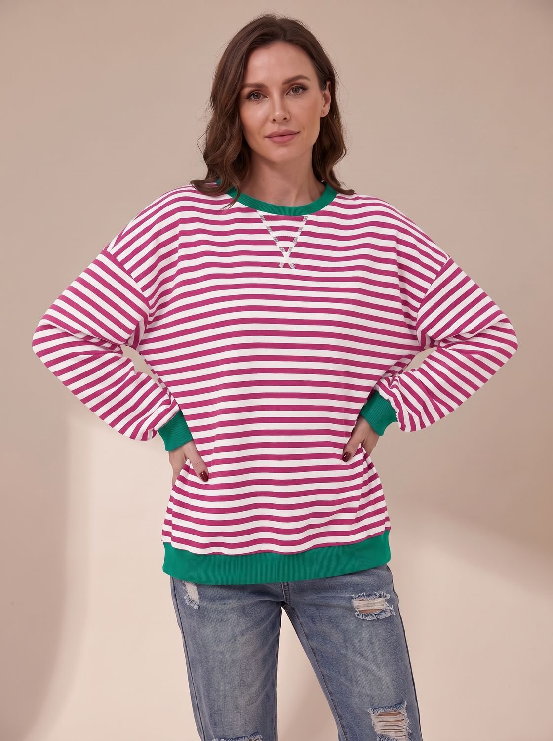 Jessica | Women's Oversized Vintage-Style Striped Crewneck Sweatshirt