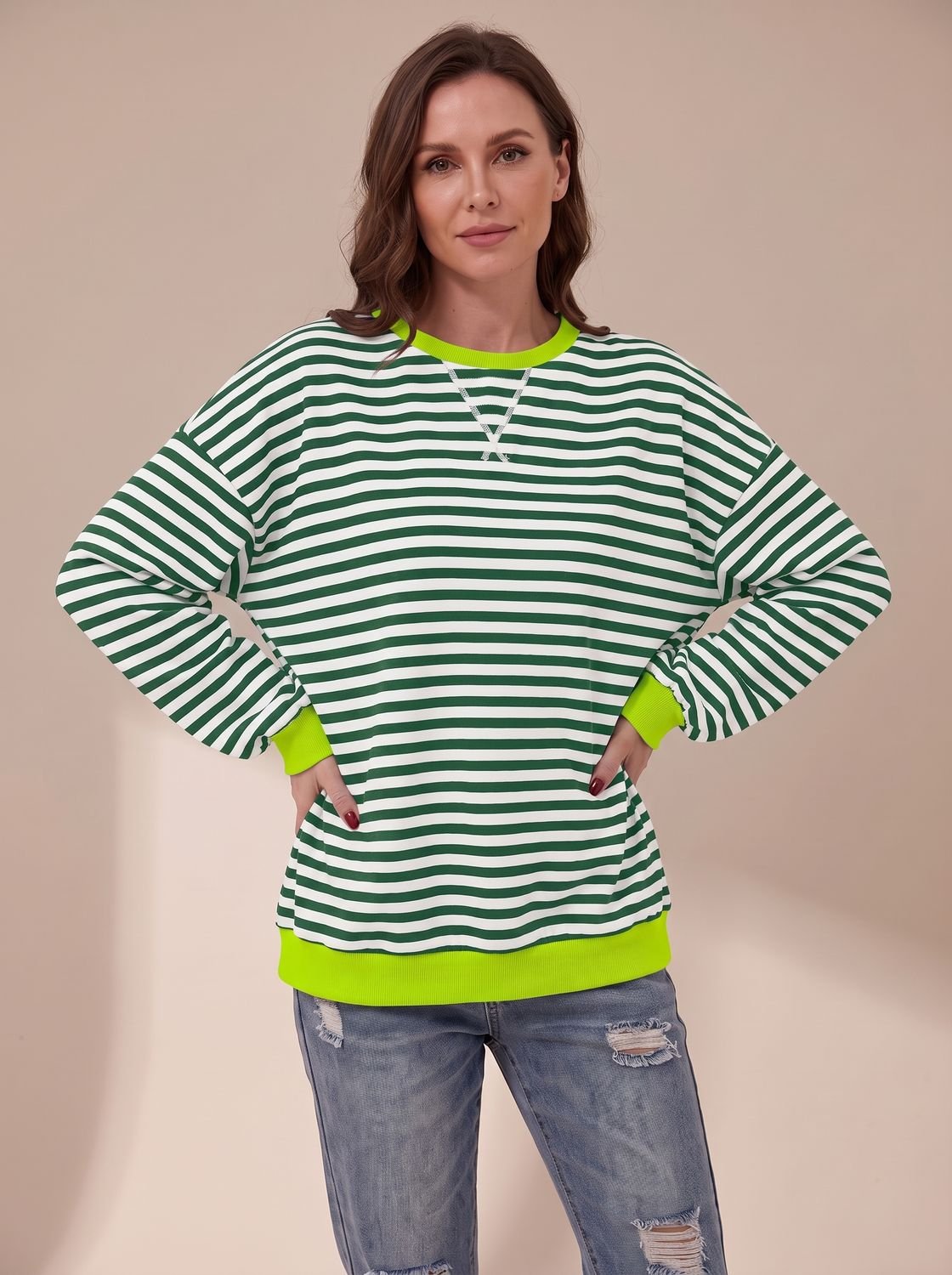 Jessica | Women's Oversized Vintage-Style Striped Crewneck Sweatshirt