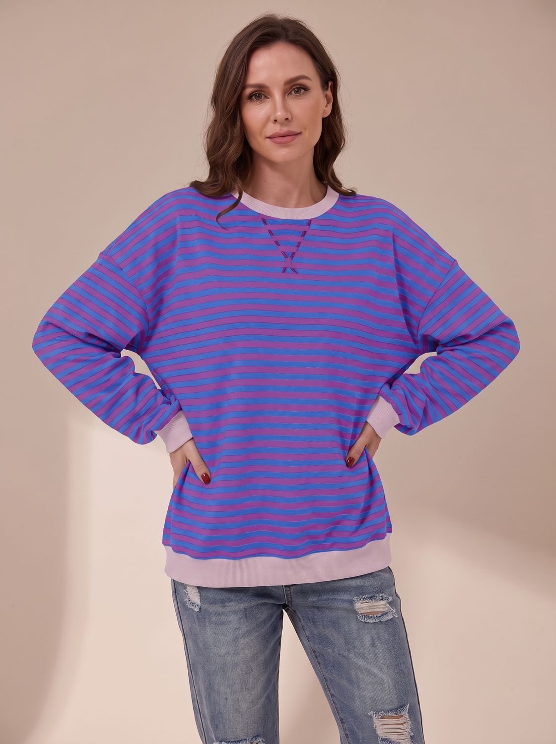 Jessica | Women's Oversized Vintage-Style Striped Crewneck Sweatshirt