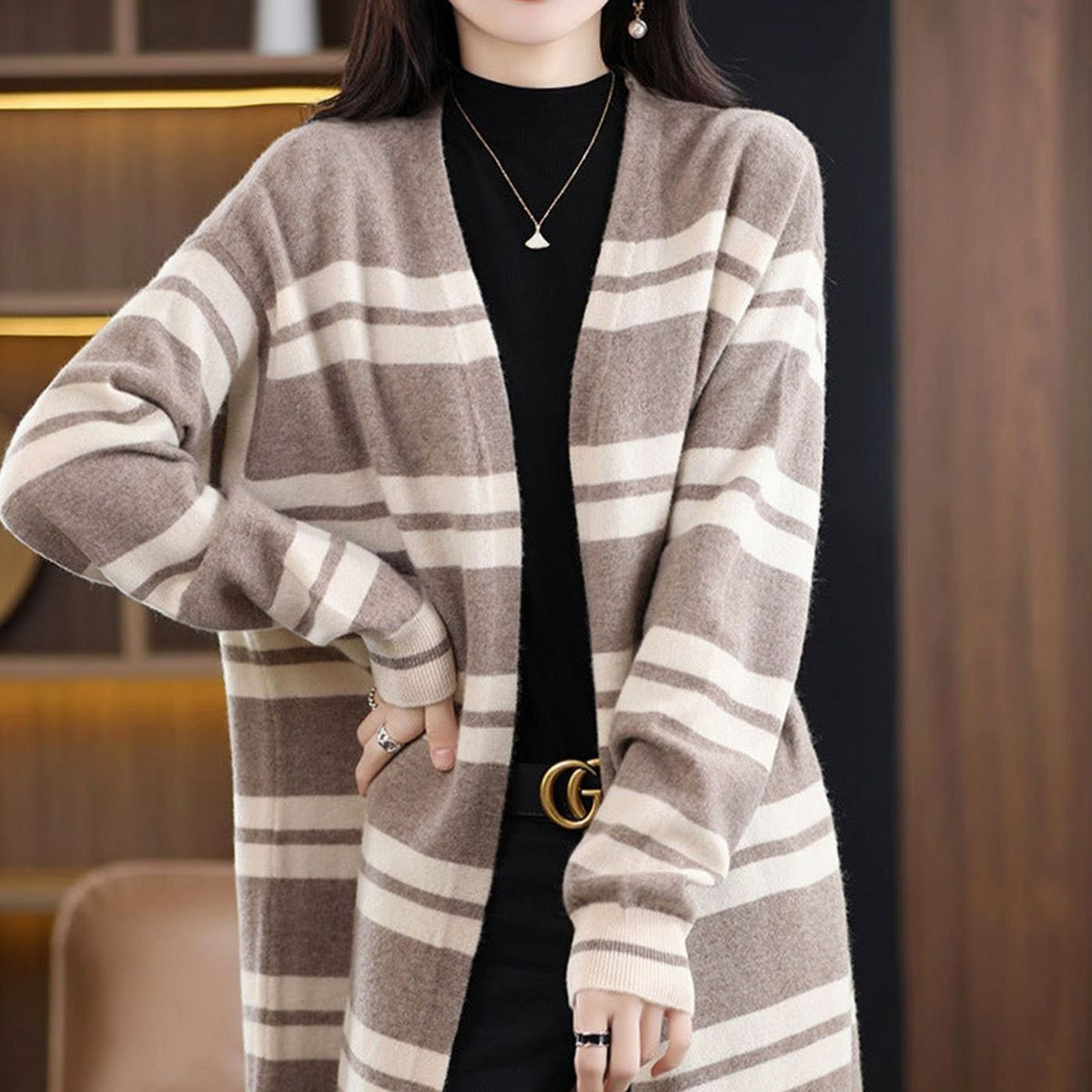 Yasmin | Women's Oversized Striped Open-Front Knit Cardigan for Winter