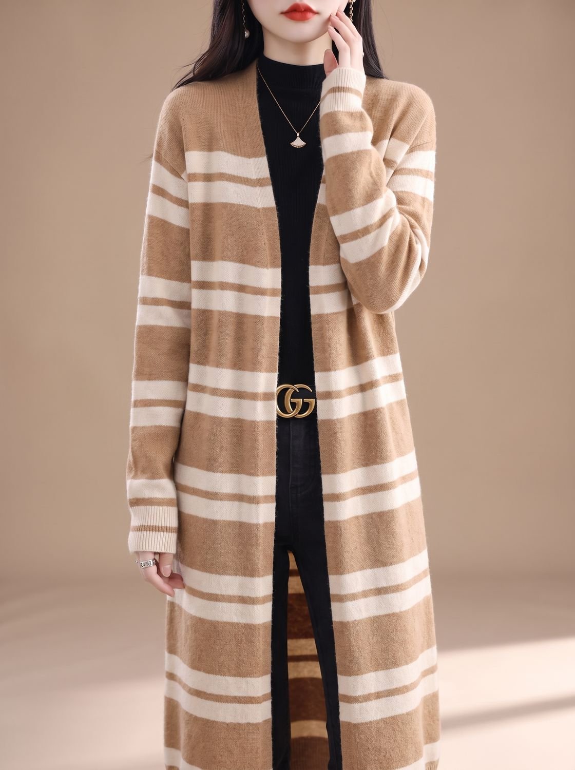 Yasmin | Women's Oversized Striped Open-Front Knit Cardigan for Winter
