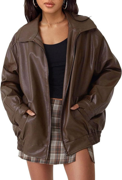 Charlotte | Women's Oversized Faux Leather Zip-Up Bomber Jacket