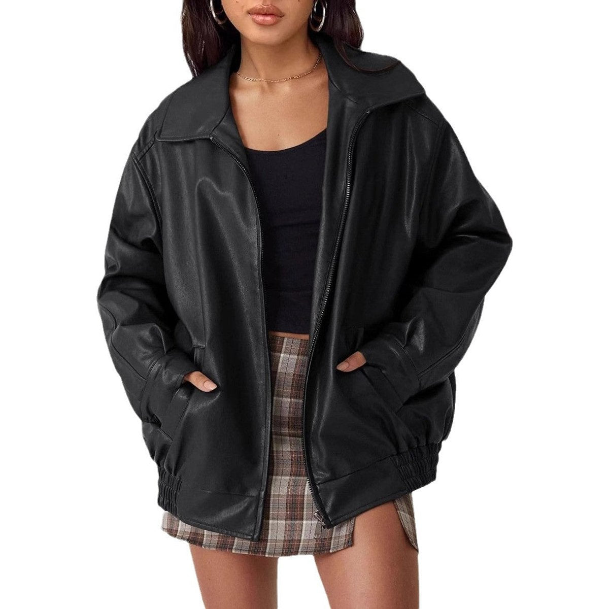 Charlotte | Women's Oversized Faux Leather Zip-Up Bomber Jacket