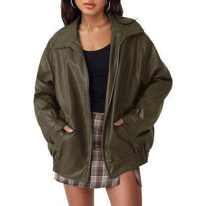Charlotte | Women's Oversized Faux Leather Zip-Up Bomber Jacket