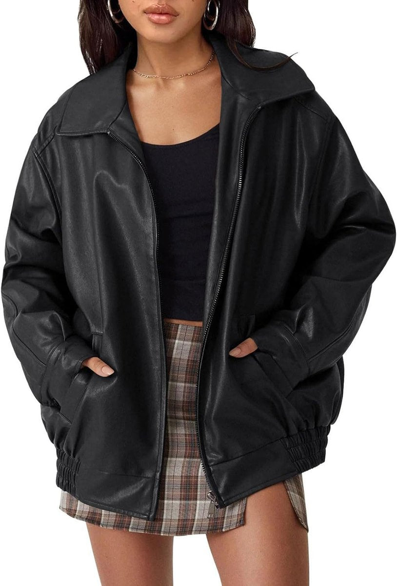 Charlotte | Women's Oversized Faux Leather Zip-Up Bomber Jacket