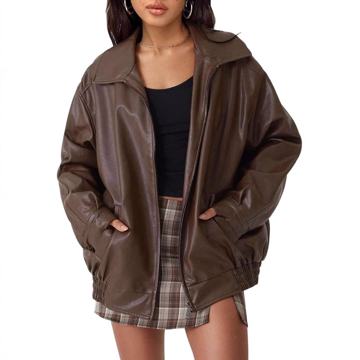 Charlotte | Women's Oversized Faux Leather Zip-Up Bomber Jacket