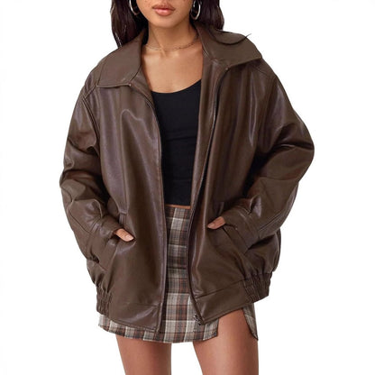 Charlotte | Women's Oversized Faux Leather Zip-Up Bomber Jacket