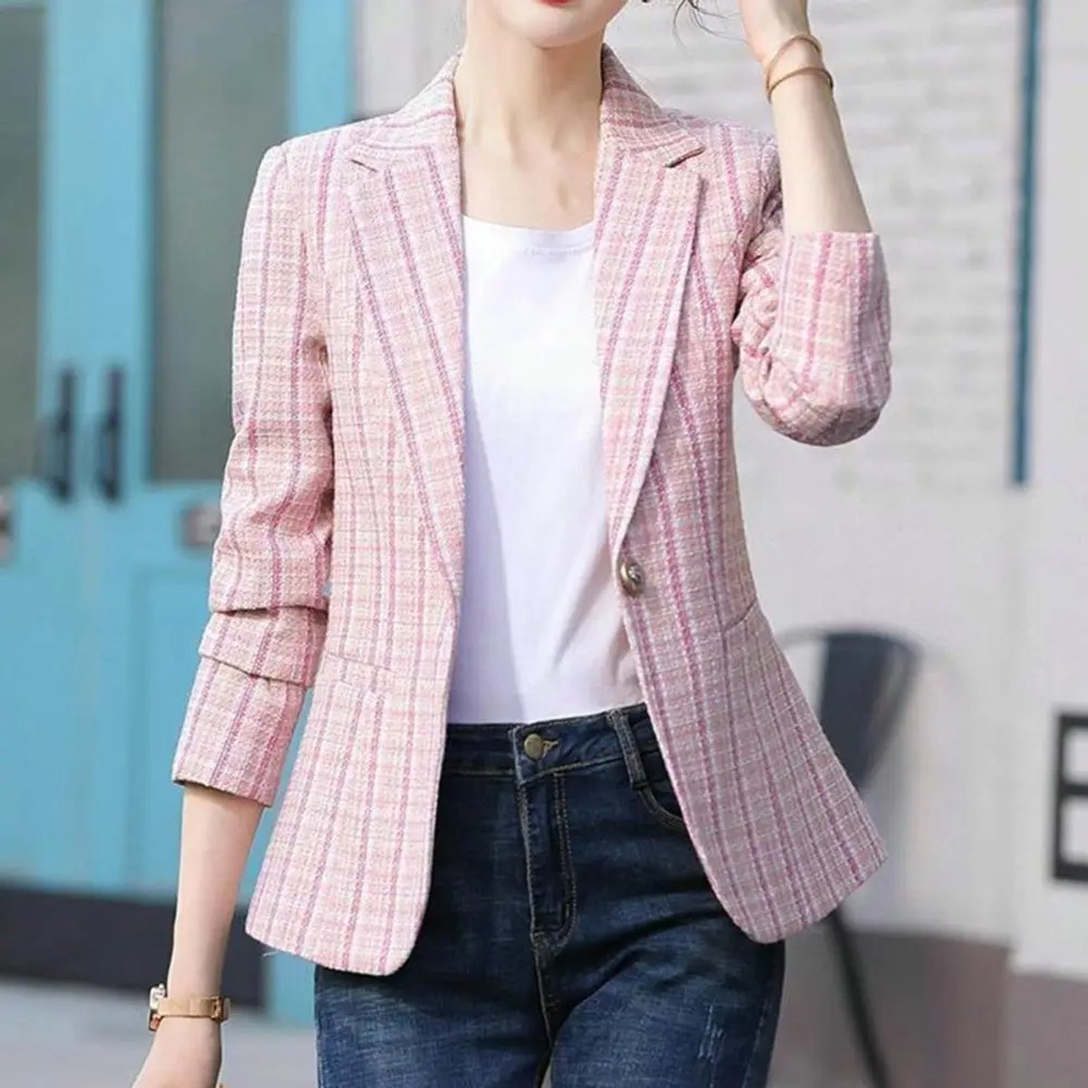 Fiona | Women's Plaid Single-Button Tailored Blazer Jacket