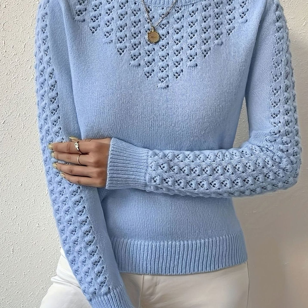 Mia | Women's Pointelle Knit Crewneck Long-Sleeve Jumper for Winter