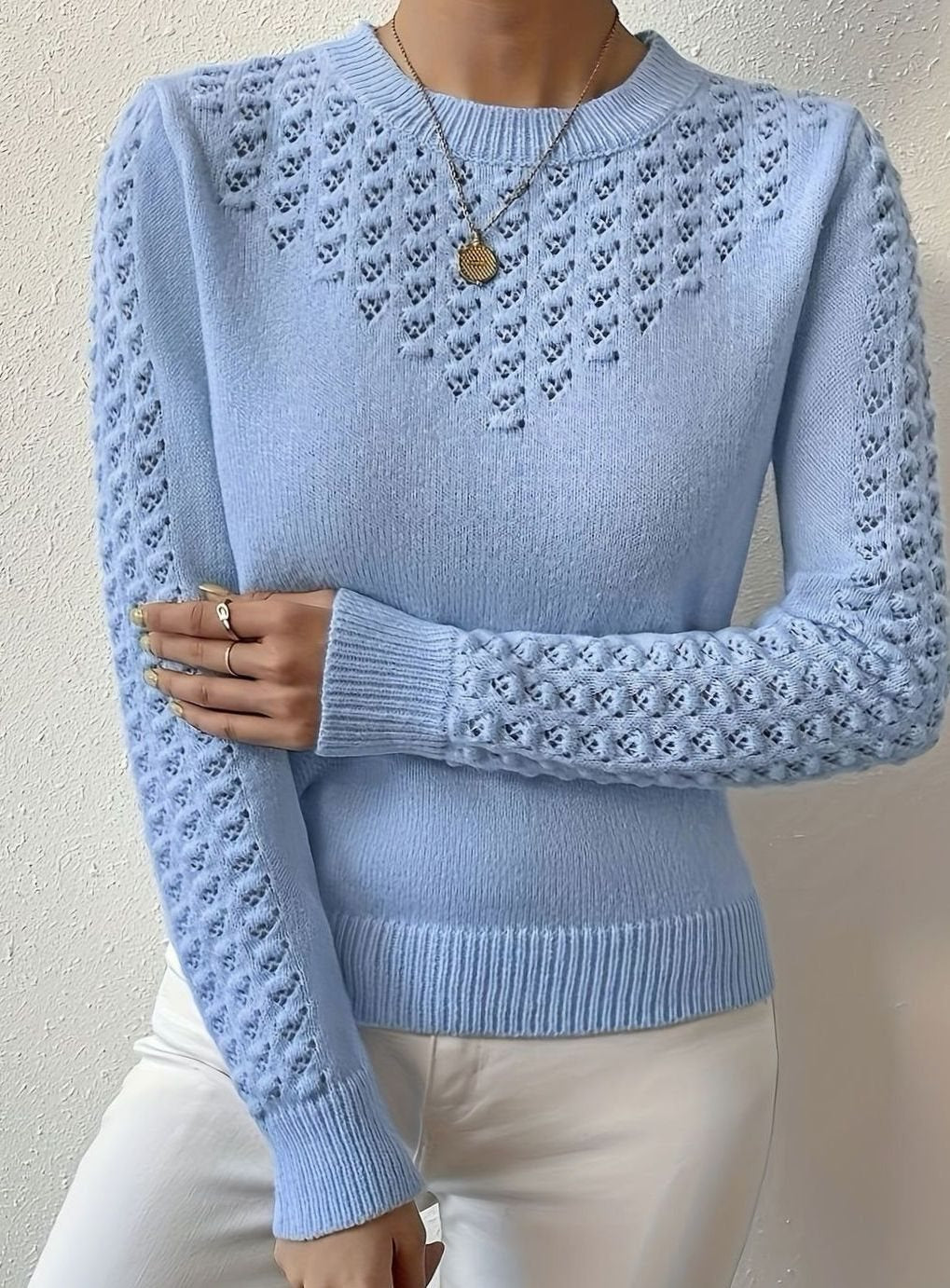 Mia | Women's Pointelle Knit Crewneck Long-Sleeve Jumper for Winter